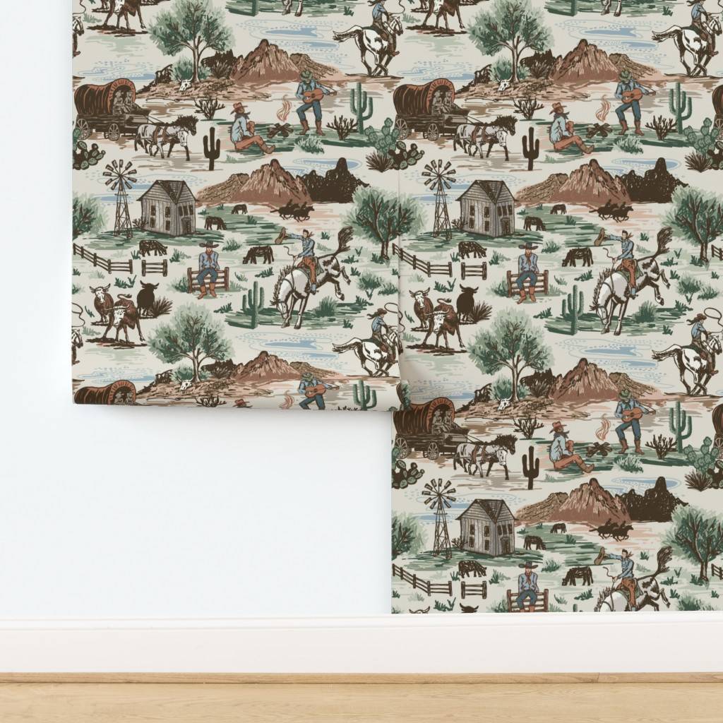(L) Western Americana Scenic Cowboy- Old West Adventure Ecru Wallpaper | Spoonflower | Spoonflower