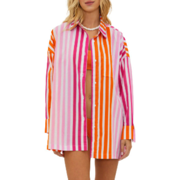 BEACH RIOT Alexa Orange Pink Stripe Long Sleeve Swim Cover Up Women's Large / XL | Poshmark