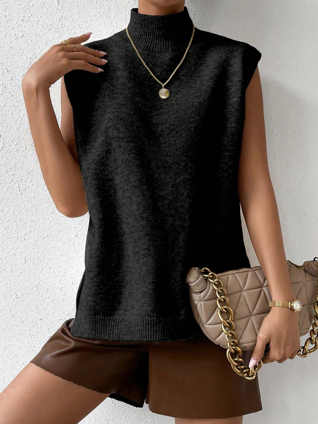 SHEIN Essnce Mock Neck Split Hem Sweater Vest | SHEIN