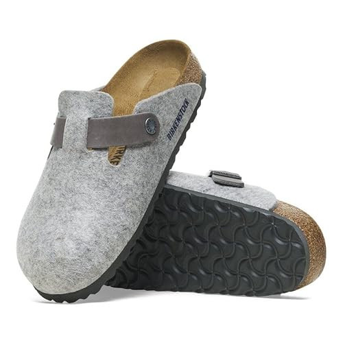 Birkenstock Boston Clogs, Oiled Leather Accents, Contoured Cork-Latex Footbed, Flexible EVA Sole, Adjustable Metal Buckle, Model 1026149 - Light Gray | Amazon (US)