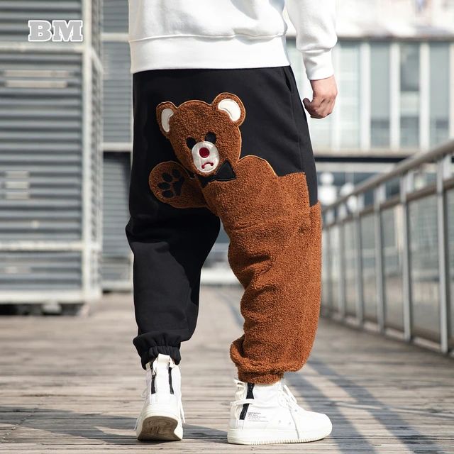 Moda urso padrão dos desenhos animados velo calças casuais outono inverno solto plus size hip h... | Aliexpress BR (BR)