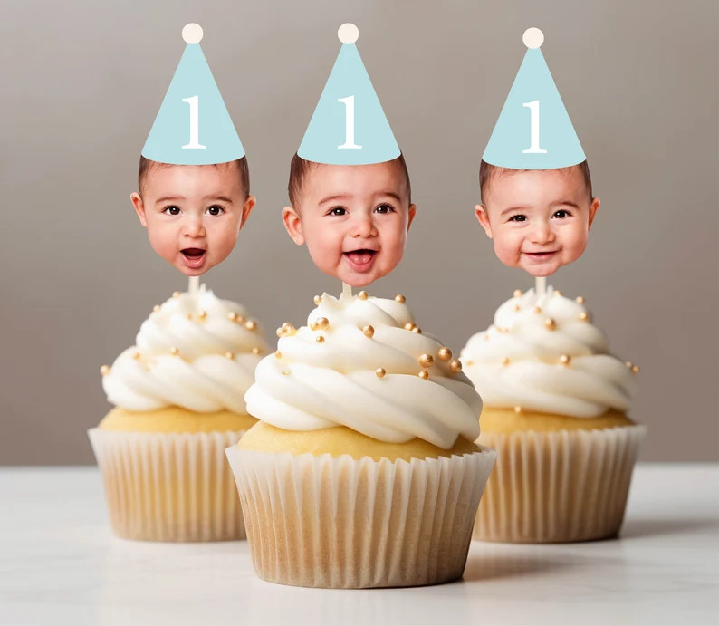 Customized Different Faces Photo Party Hat Cupcake Topper for First Milestone Birthday Photos Par... | Etsy (US)