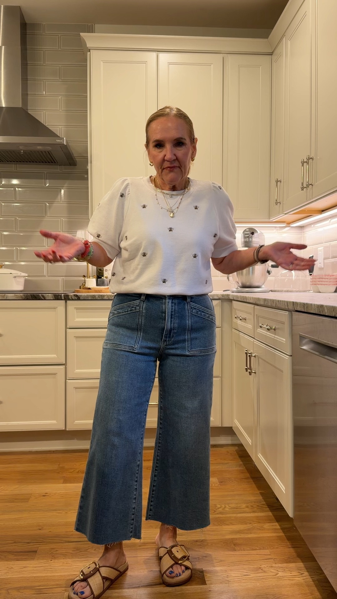 Jeans size 29 petite 
Sweatshirt size medium. Tap on the striped top picture and select ivory. That’s the one with the bees. 
20% off my bracelet stack code NANETTE20
20% off my necklace and earrings code TAKE20
10% off my tote code NANETTE

#LTKPetite #LTKootd #LTKOver40