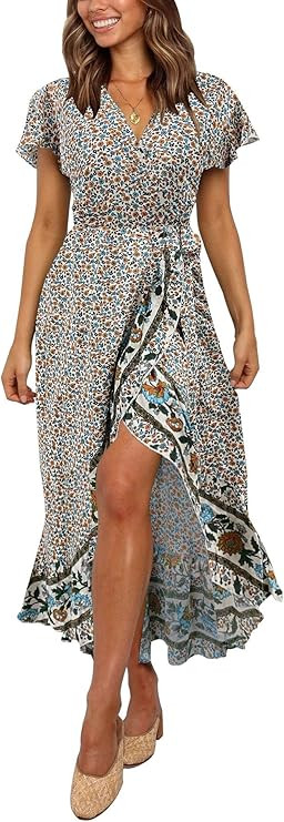 ZESICA Women's Summer Bohemian Floral Printed Wrap V Neck Beach Party Flowy Ruffle Midi Dress | Amazon (US)