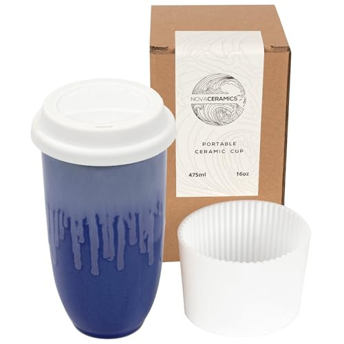 NOVA CERAMICS Ceramic Tumbler– Blue Ceramic Mug – Microwave & Dishwasher Safe Coffee White & Orange Tumbler - Leak-Proof Coffee Travel Mug – 16oz – Neptune | Amazon (US)
