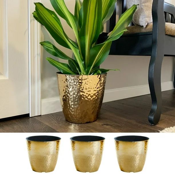 3-Pack 10 Inch Round Metallic Hammered Plastic Flower Pot Garden Potted Planter for Indoors or Ou... | Walmart (US)