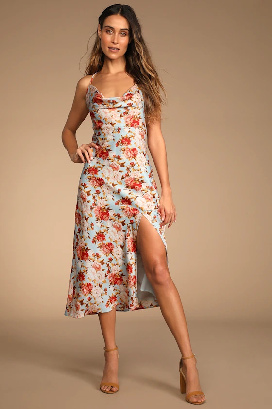 Moment of Chic Light Blue Floral Print Satin Lace-Up Midi Dress | Lulus (US)