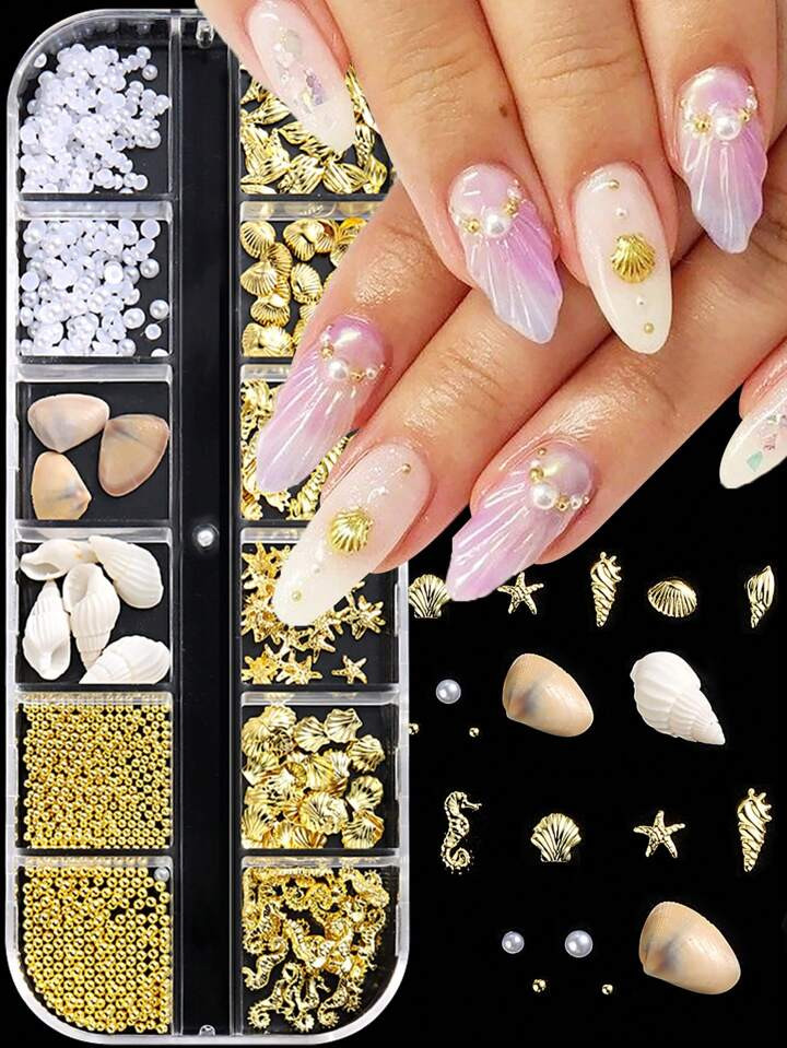 12 Grid Summer Nail Art Rhinestones Ocean Nail Charms Shell Starfish Conch Sea Series 3D Beach Na... | SHEIN