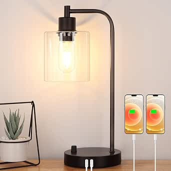 Industrial Table Lamp with 2 USB Charging Ports, Fully Stepless Dimmable Modern Nightstand Lamp, ... | Amazon (US)