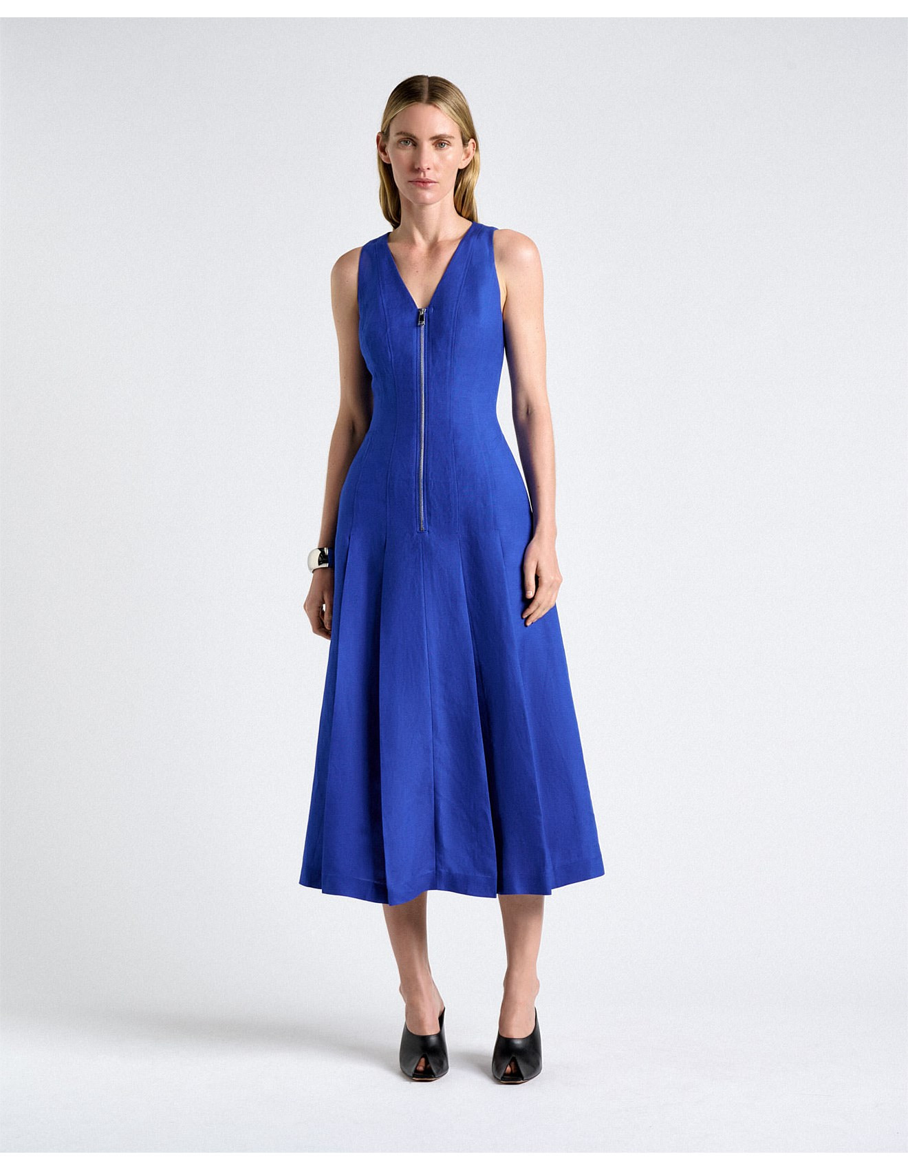 COBALT LINEN BLEND ZIP PLEATED MIDI DRESS | David Jones (Australia & New Zealand)