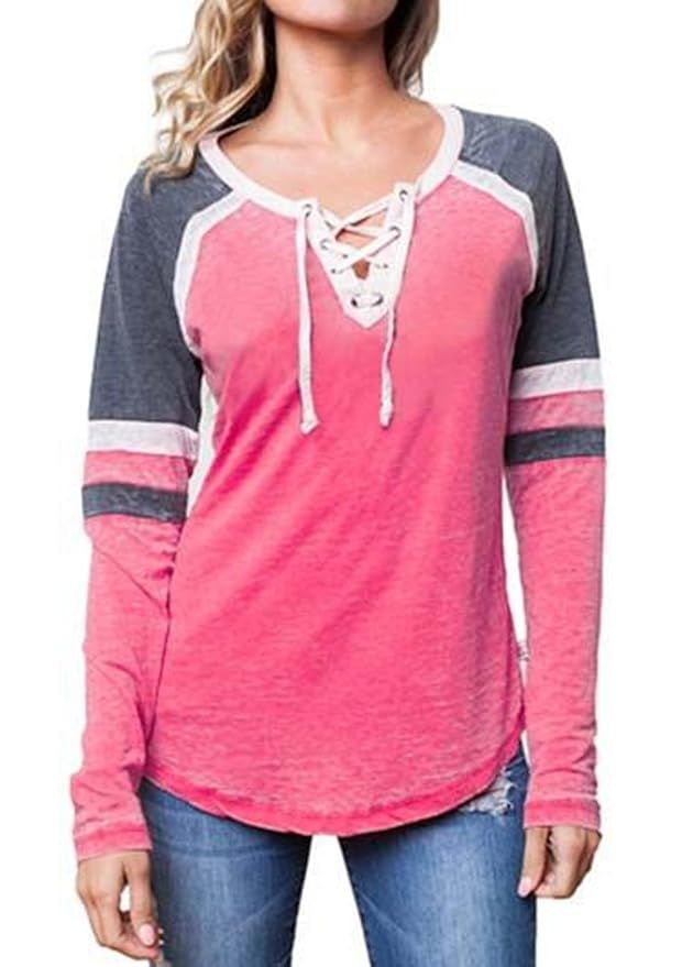 Famulily Women's Lace Up Front Long Sleeve Tops Striped Crew Neck Raglan Baseball Tee Shirt | Amazon (US)