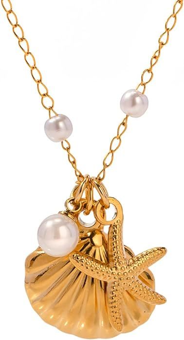 Seashell Starfish Pearl Pendant Necklace for Women Girls, 18K Gold Plated Pendant Necklace, Daint... | Amazon (US)