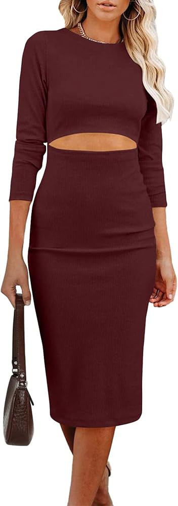 PRETTYGARDEN Women's Long Sleeve Midi Bodycon Dresses Casual Crewneck Cut Out Ribbed Knit Fitted ... | Amazon (US)