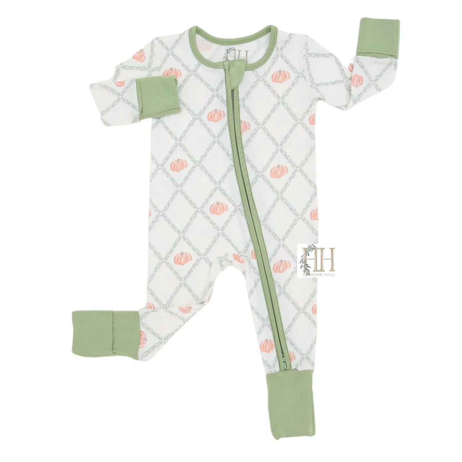Green Trellis Pumpkin Double Zipper Romper | Hamner Hill