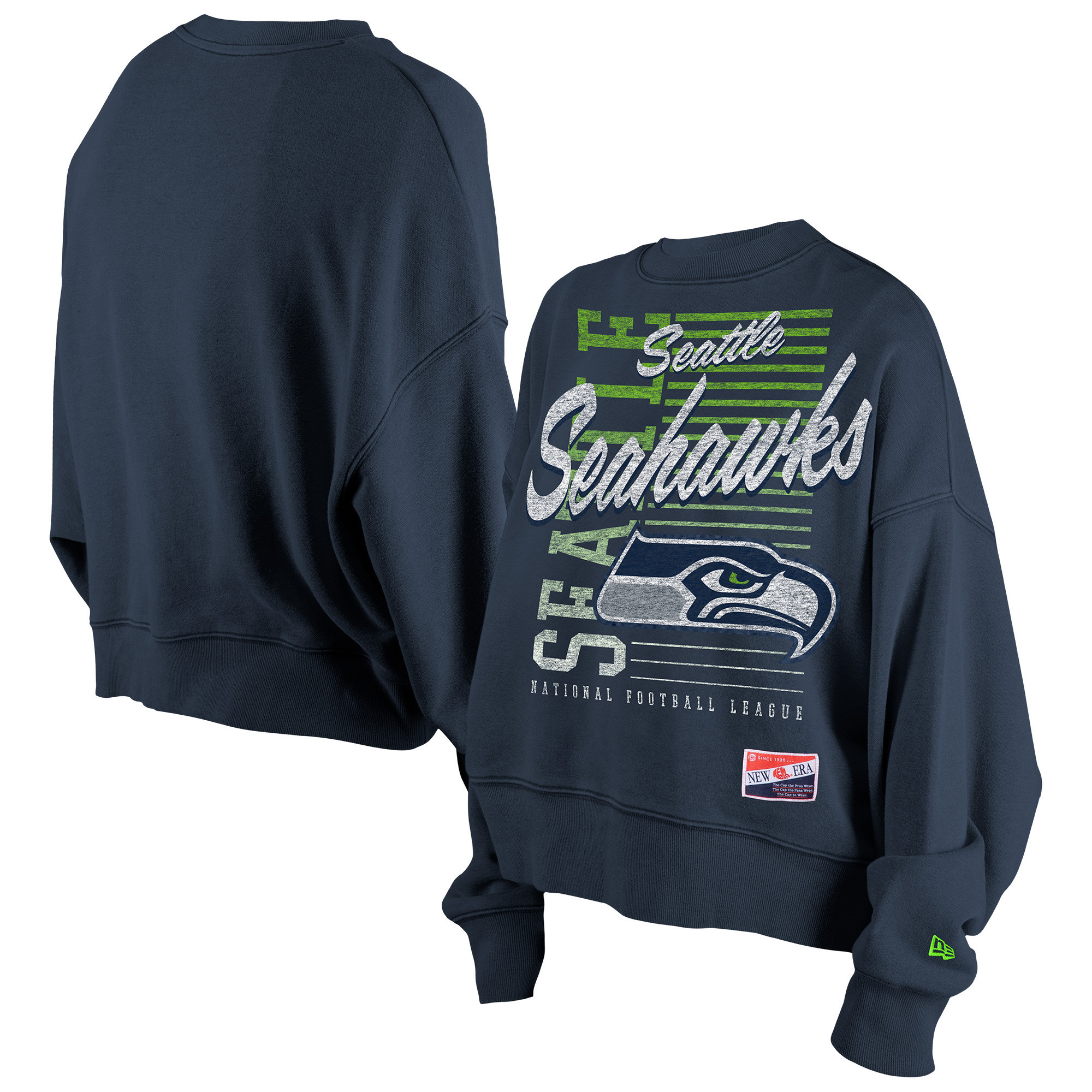 Women's New Era College Navy Seattle Seahawks Oversized Throwback Mineral Wash Crew Neck Sweatshirt | Fanatics