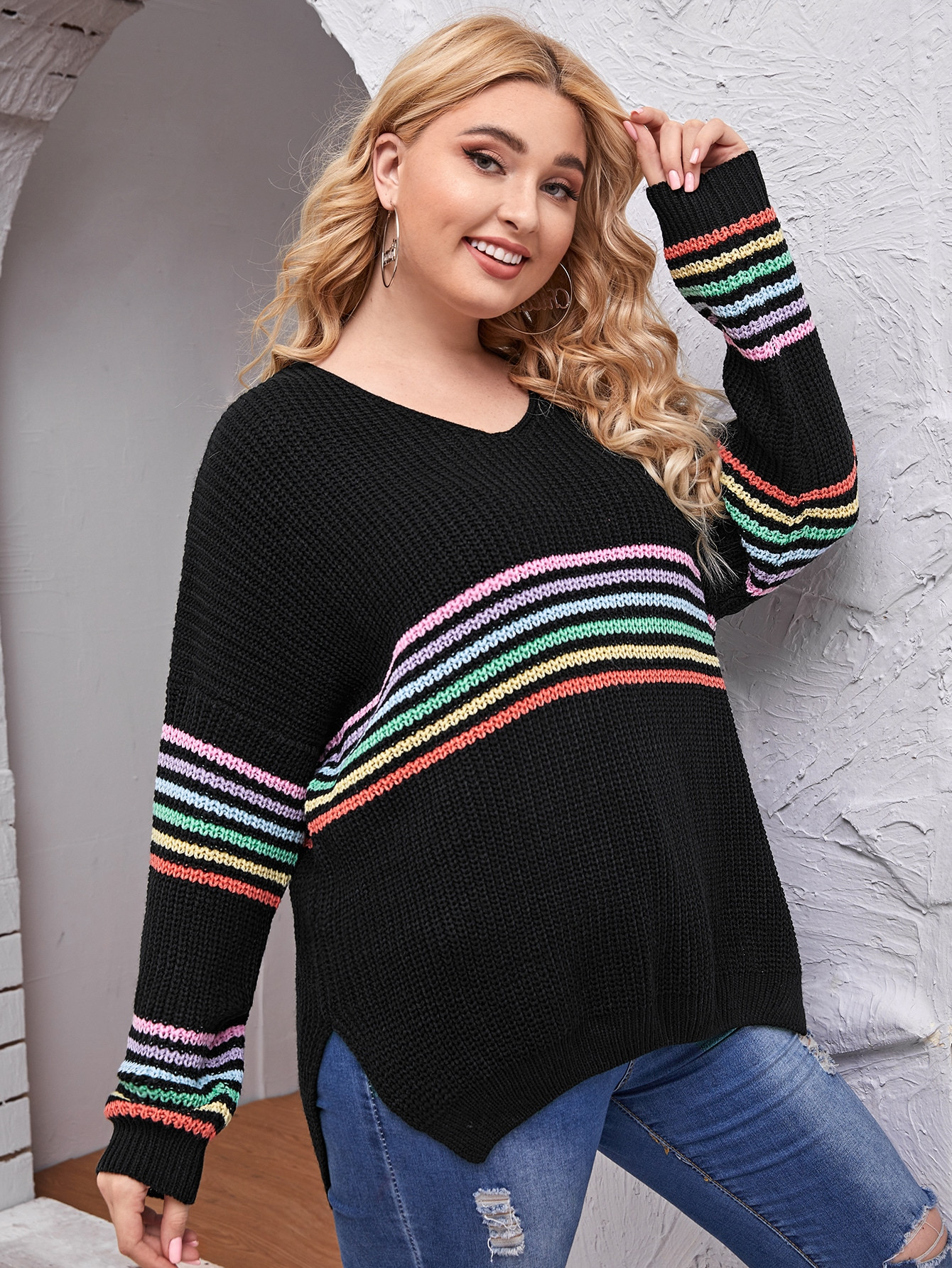 Plus V-neck Rainbow Striped Sweater | SHEIN