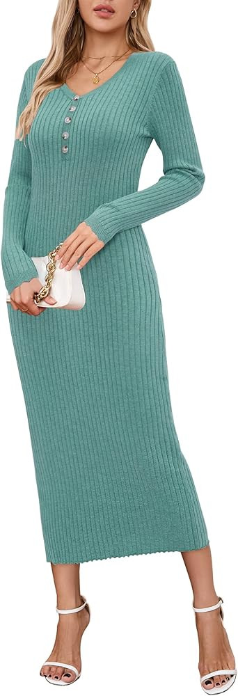 OUGES Women's Wool Blend 2024 Fall Maternity Sweater Dress V Neck Long Sleeve Slim Fit Ribbed Kni... | Amazon (US)