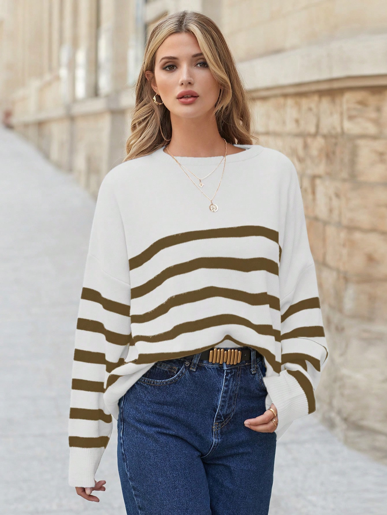 SHEIN Striped Pattern Drop Shoulder Sweater | SHEIN