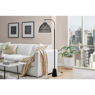 Ambrose 65 in. Black Arc Floor Lamp with Black Rattan Shade | The Home Depot