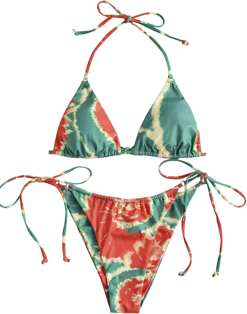 ZAFUL Women's Halter Triangle Bikini Ribbed String Smocked Swimwear Cheeky Thong Swimsuit High Cu... | Amazon (US)
