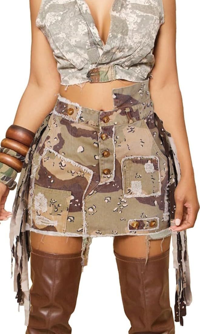 Camo Skirts for Women-Cargo Skirt for Women Camo Skirts High Slit Button Maxi Skirt with Pockets | Amazon (US)