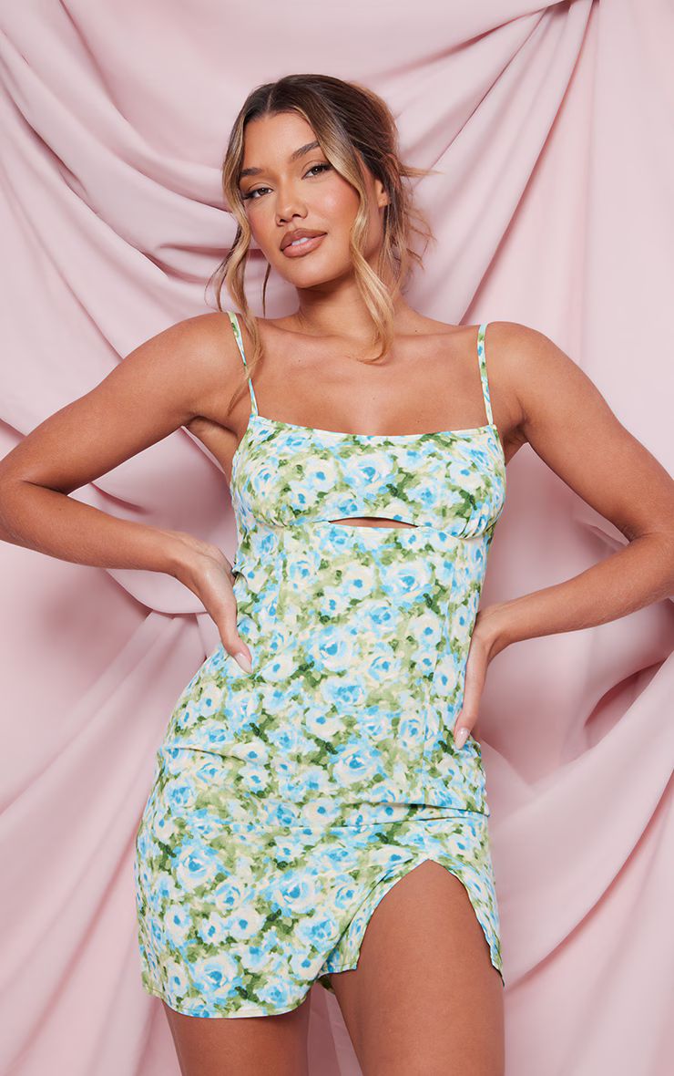 Green Floral Print Woven Cut Out Split Detail Bodycon Dress | PrettyLittleThing US