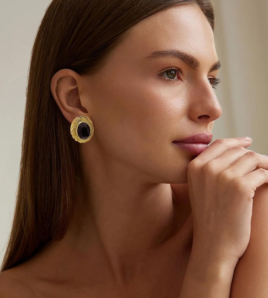 Chunky Gold Geometric Stud Earrings Trendy Vintage 14K Gold Plated Black Cubic Zirconia Statement... | Amazon (US)