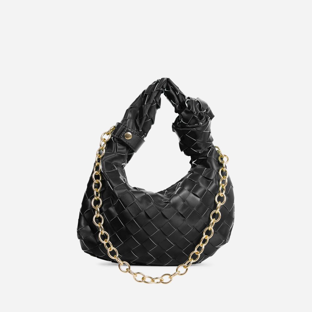 She-Said Woven Knotted Strap Chain Detail Grab Bag Black Faux Leather | Ego Shoes (UK)