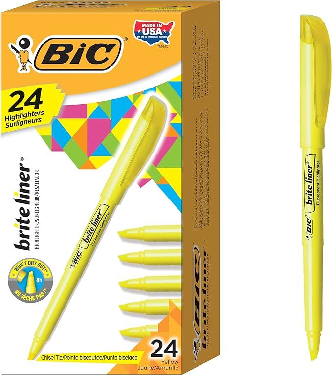 BIC Brite Liner Highlighter, Chisel Tip, Yellow, 24-Count, Chisel Tip for Broad Highlighting or F... | Amazon (US)
