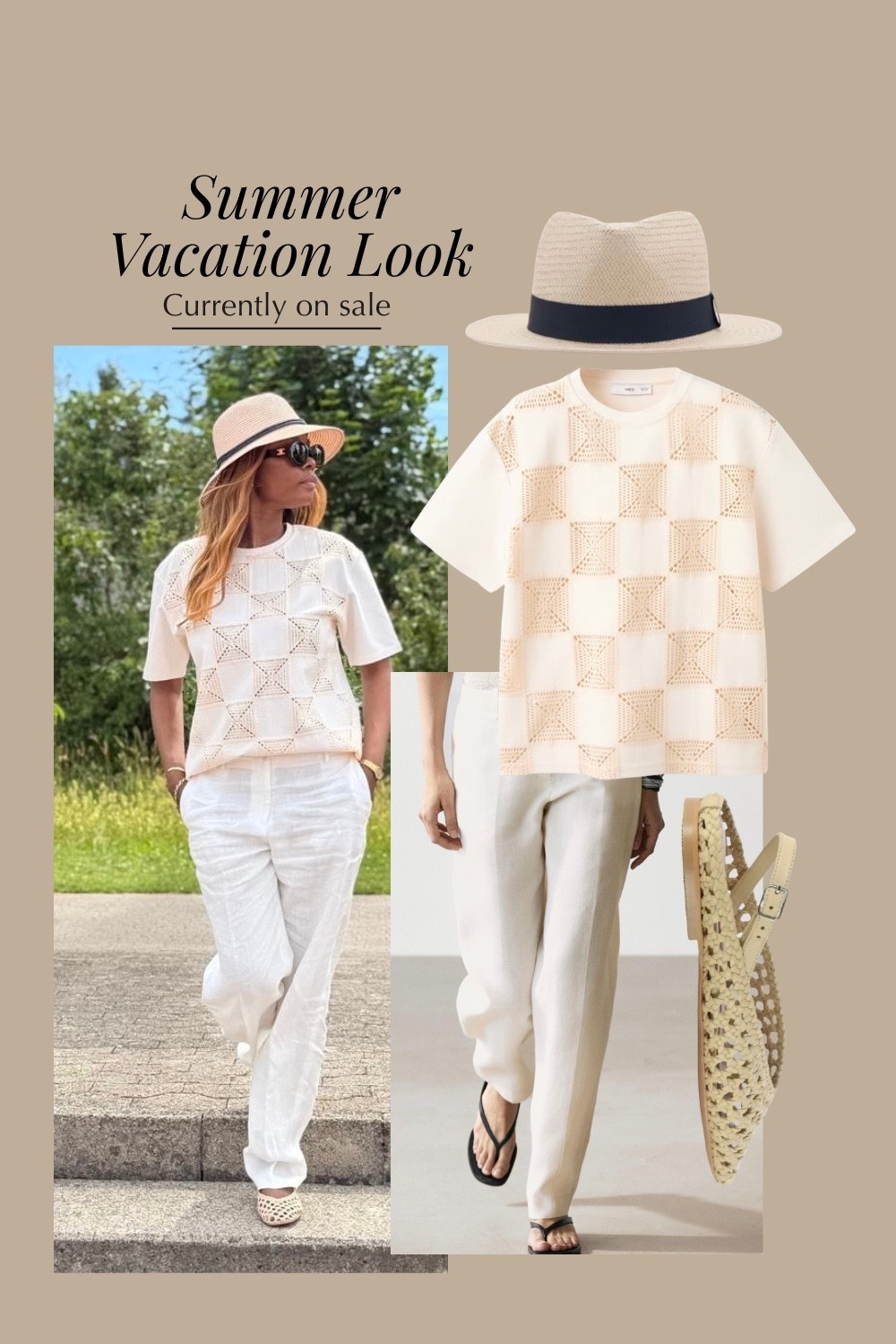 Summer outfit ideas for summer vacation 
Shop texture T-shirt, linen trousers, woven flat shoes, hats currently on sale 💰
