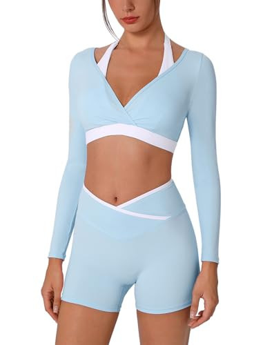 ABOCIW Workout Sets for Women Color Block Long Sleeve Crop Top with Built-in Bra Crossover High Waist Biker Shorts Gym Set Yoga Pilates Outfits Fall Clothes Blue Small | Amazon (US)
