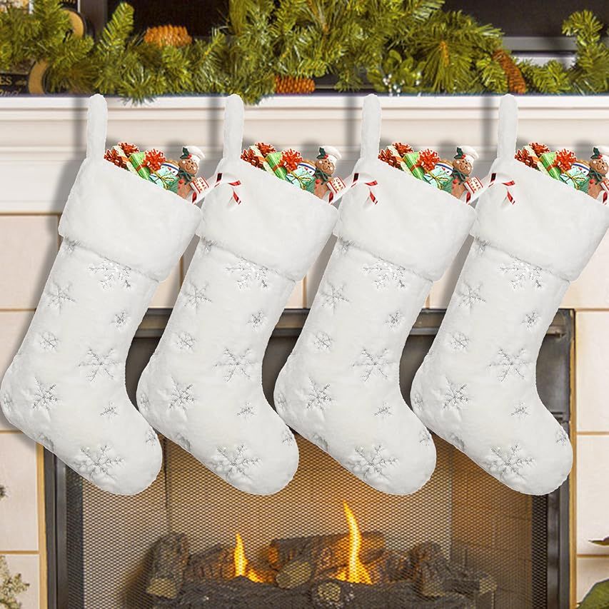 Sattiyrch 18” Christmas Stockings 4 Pack,White Large Luxury Faux Fur Cuff with Sequins Snowflakes De | Amazon (US)