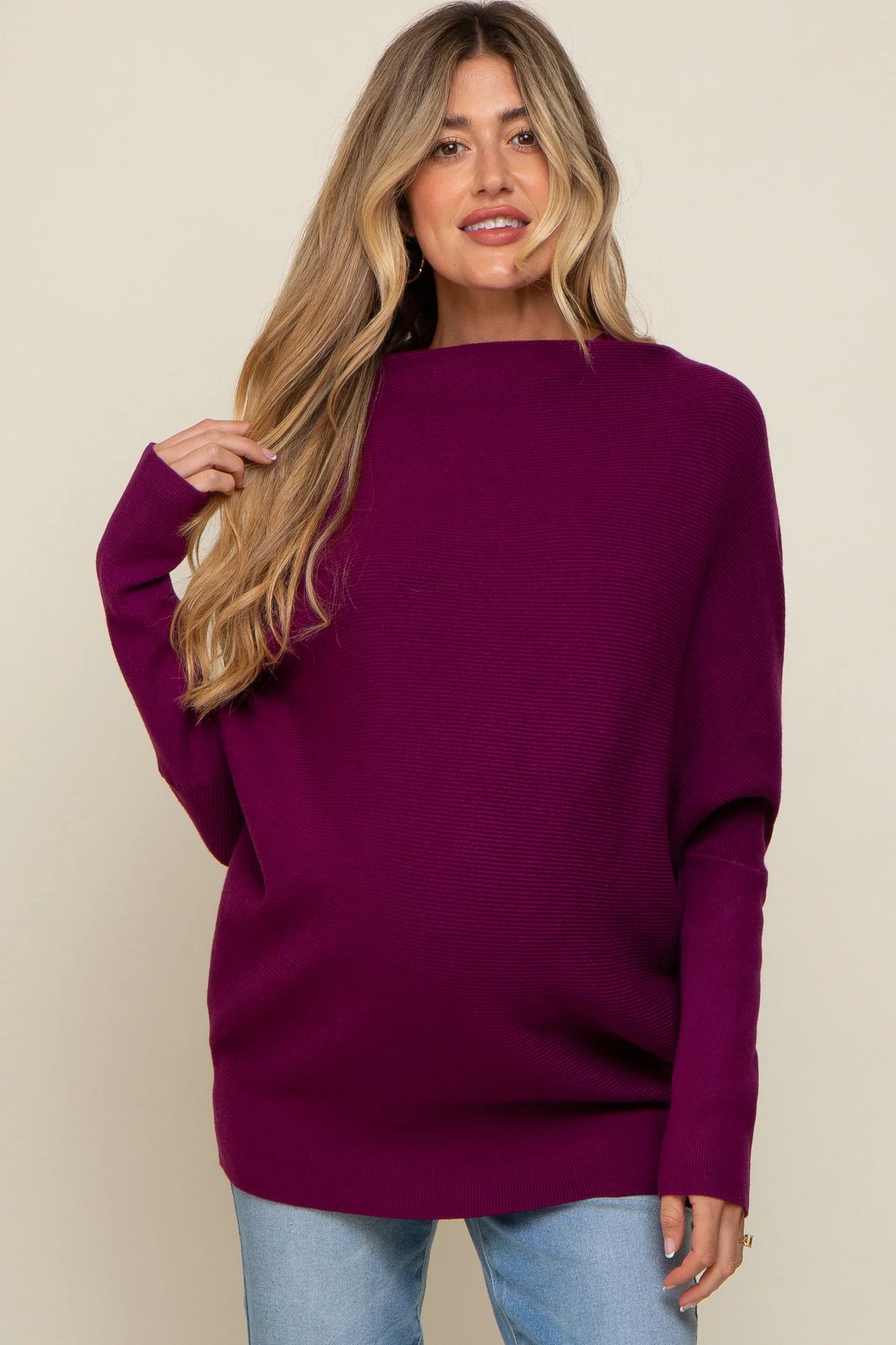 Plum Funnel Neck Dolman Sleeve Maternity Sweater | PinkBlush Maternity