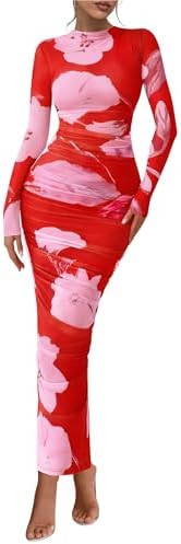PRETTYGARDEN Womens Long Sleeve Maxi Dresses 2026 Spring Ruched Bodycon Floral Mesh Formal Weddin... | Amazon (US)
