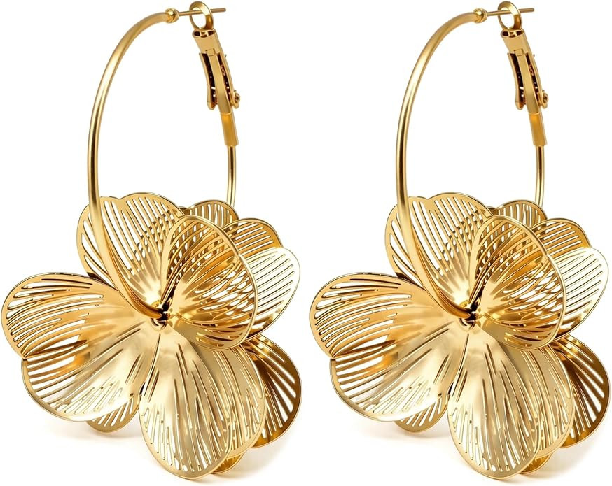 Gold Flower Earrings for Women Boho Orchid Earrings Floral Hoop Petal Earring Prom Wedding Jewelr... | Amazon (US)