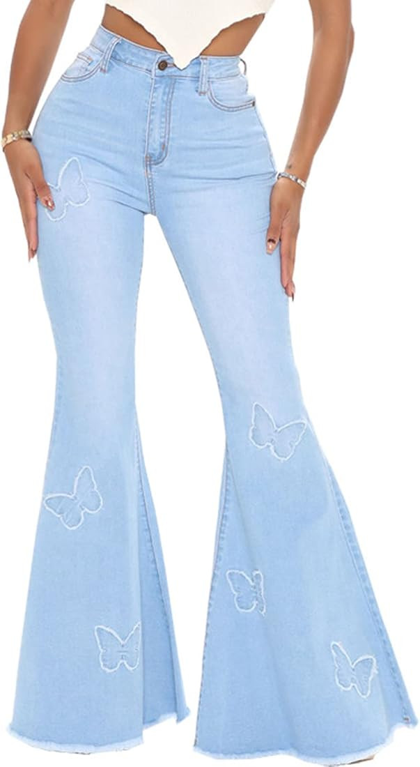 Women's Bell Bottom Jeans Elastic High Waisted Flared Jeans Raw Hem Denim Pants with Heart-Shaped Po | Amazon (US)