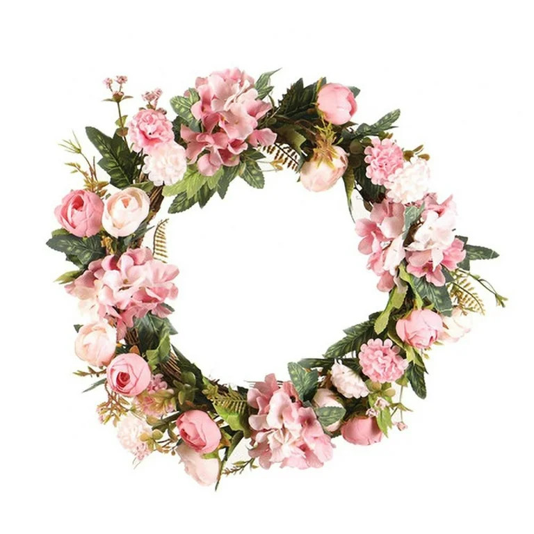 Artificial Peony Flower Wreath - 15" Pink Flower Door Wreath with Green Leaves Spring Wreath for ... | Walmart (US)