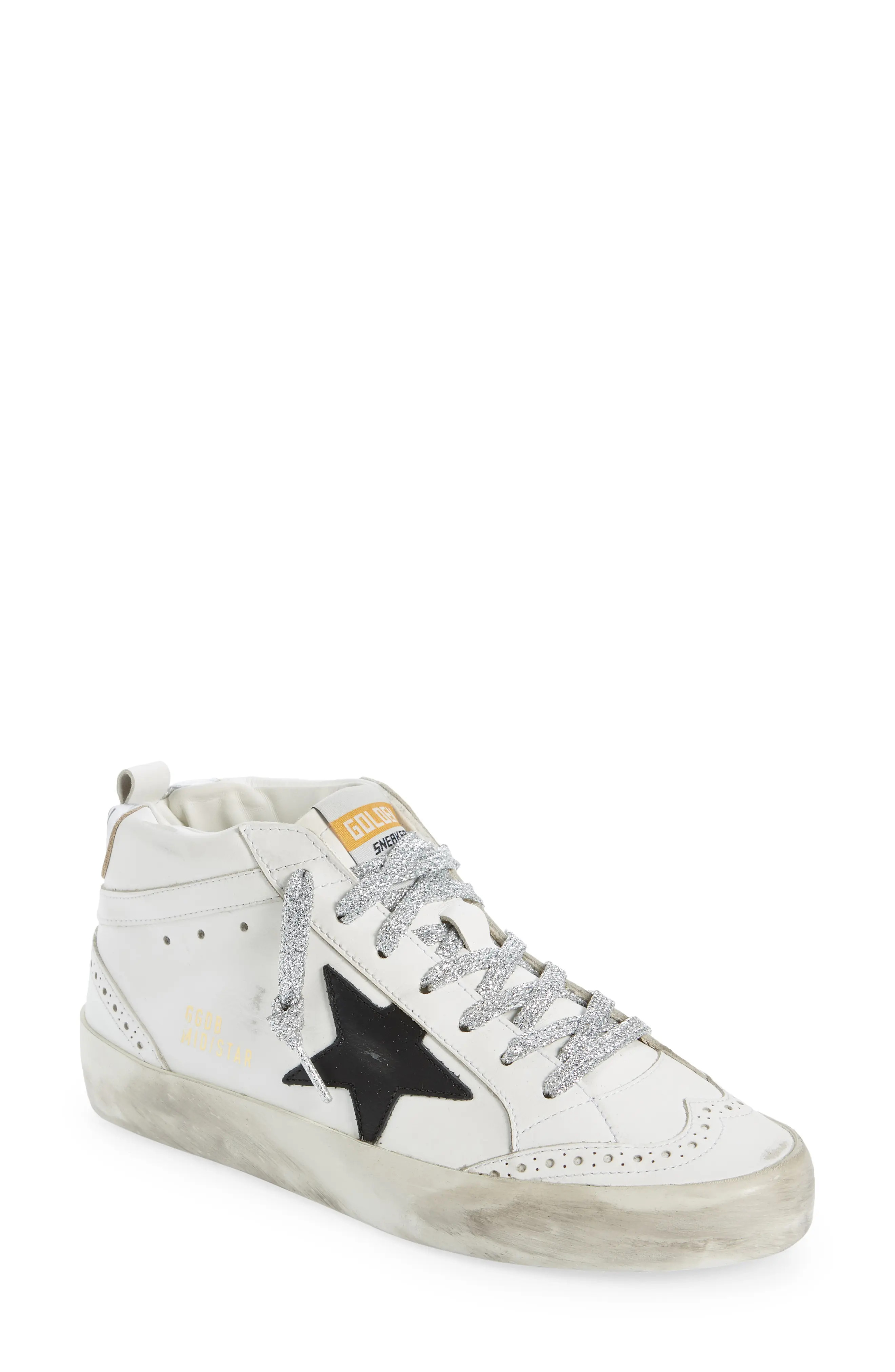 Golden Goose Mid Star Sneaker in White/Black/Silver at Nordstrom, Size 7Us | Nordstrom
