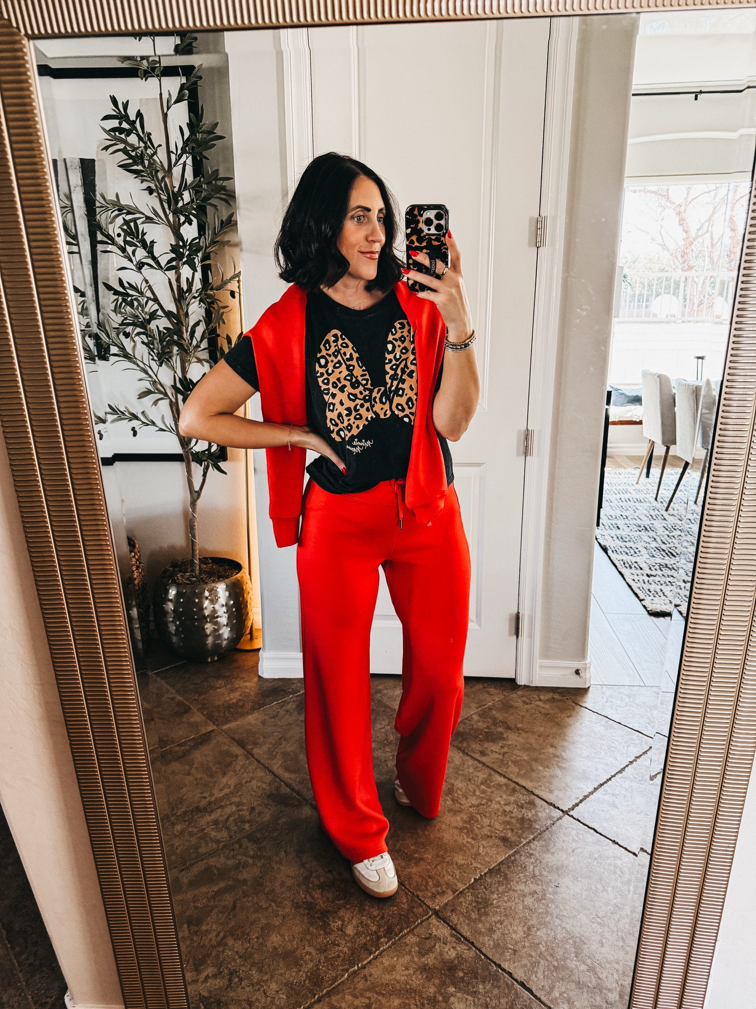Casual lounge set in red! Plus a touch of leopard Minnie for Disney!❤️❤️

Wearing the @Spanx  air essentials!! 

*half zip - size small 
* wide leg pants - size small

Athleisure, casual outfit idea, loungewear, mom uniform, casual outfit inspo 