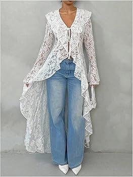 WDIRARA Women's Floral Lace Tie Front Blouse Long Bell Sleeve V Neck Ruffle Tops High Low Shirts | Amazon (US)