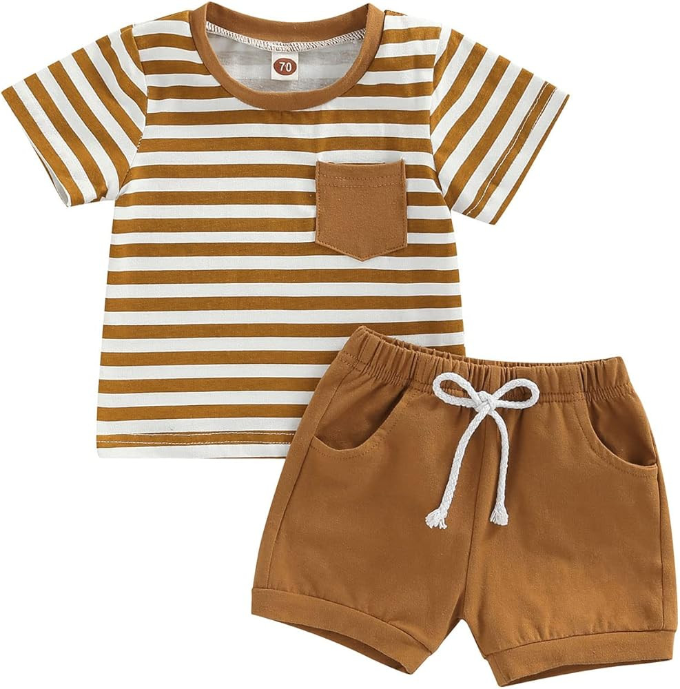 VISGOGO Baby Boy Summer Clothes Outfits Set Short Sleeve Striped T-Shirt Tops + Short Pants 6 12 ... | Amazon (US)