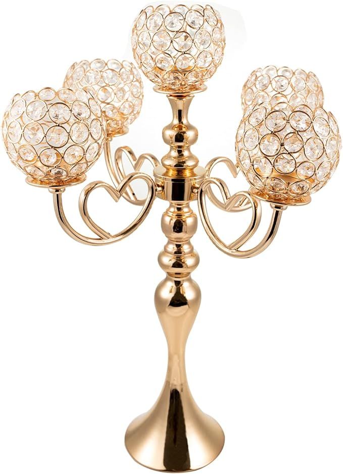 VINCIGANT 5 Arms Gold Candelabra/Crystal Candle Holders for Wedding Home Holiday Table Centerpiec... | Amazon (US)
