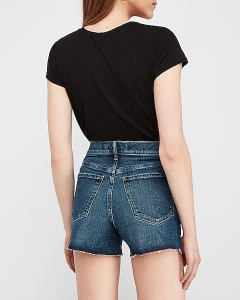 High Waisted Dark Wash Raw Hem Jean Shorts | Express