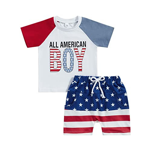 Sejardin Toddler Baby Boy 4th of July Outfit Little Boy Letter Short Sleeve T Shirt Tops Infant Stretch Shorts Summer Clothes (American Boy White & Contrast, 0-6 Months) | Amazon (US)