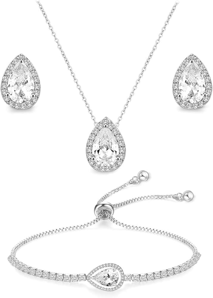 UDYLGOON Imitation Cubic Zironia Diamond Teardrop Earrings Necklace Bracelet Jewelry Set For Brid... | Amazon (US)