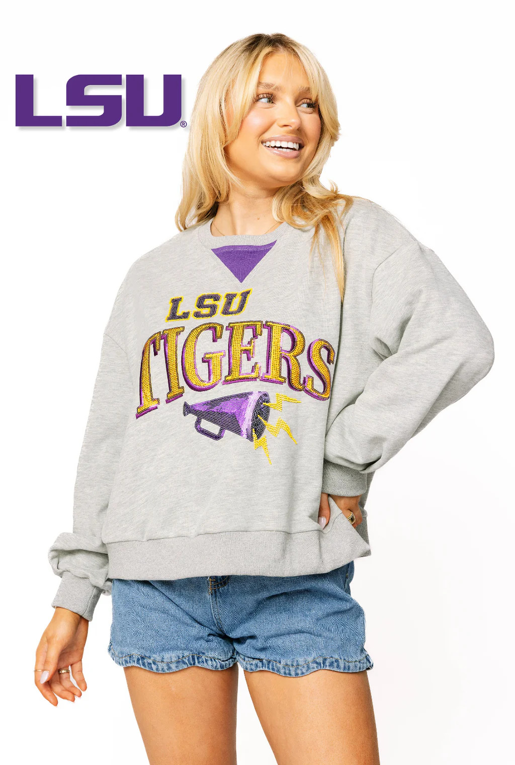 Licensed Sample - LSU Megaphone and Icons V Sweatshirt | Queen of Sparkles