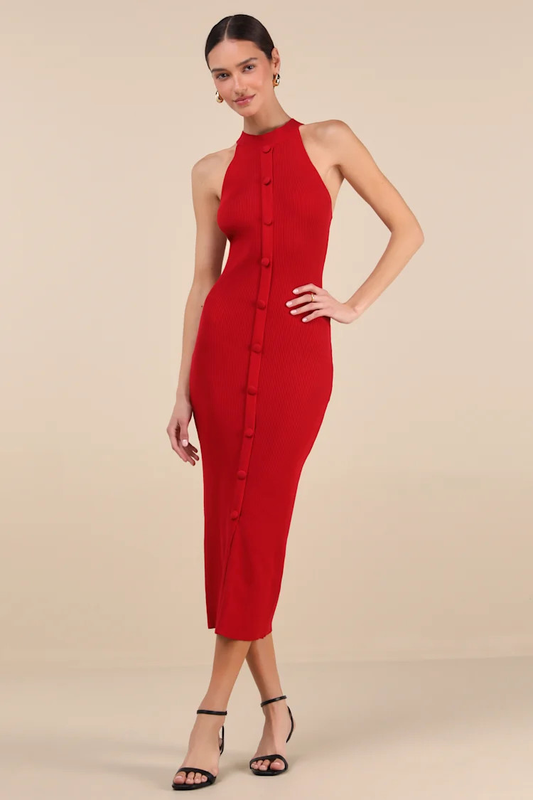 Sunia Red Sleeveless Button-Front Midi Sweater Dress | Lulus