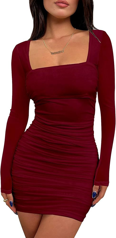 BORIFLORS Women's Sexy Club Party Dress | Ruched Bodycon, Mini, Mesh Long Sleeve, Short | Amazon (US)