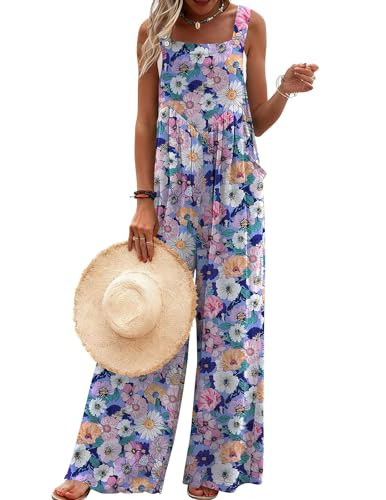Ekouaer Women's Casual Overalls Loose Wide Leg Jumpsuits Summer Boho Floral Printed Baggy Rompers with Pockets Pink Black Floral XL | Amazon (US)