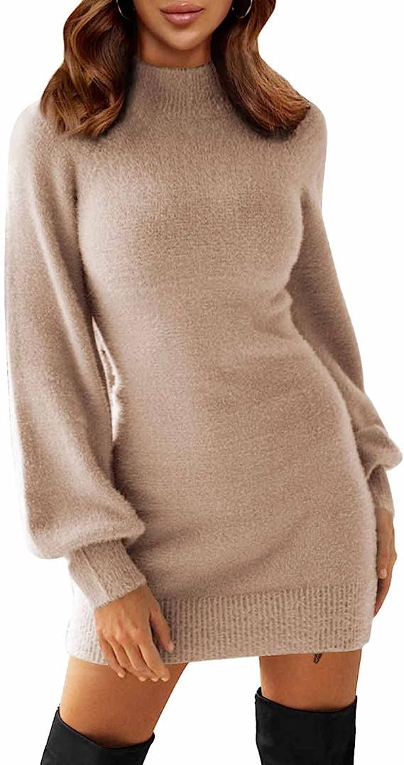 EXLURA Women's Mock Neck Ribbed Long Sleeve Bodycon Pullover Cute Mini Sweater Dress Apricot at A... | Amazon (US)